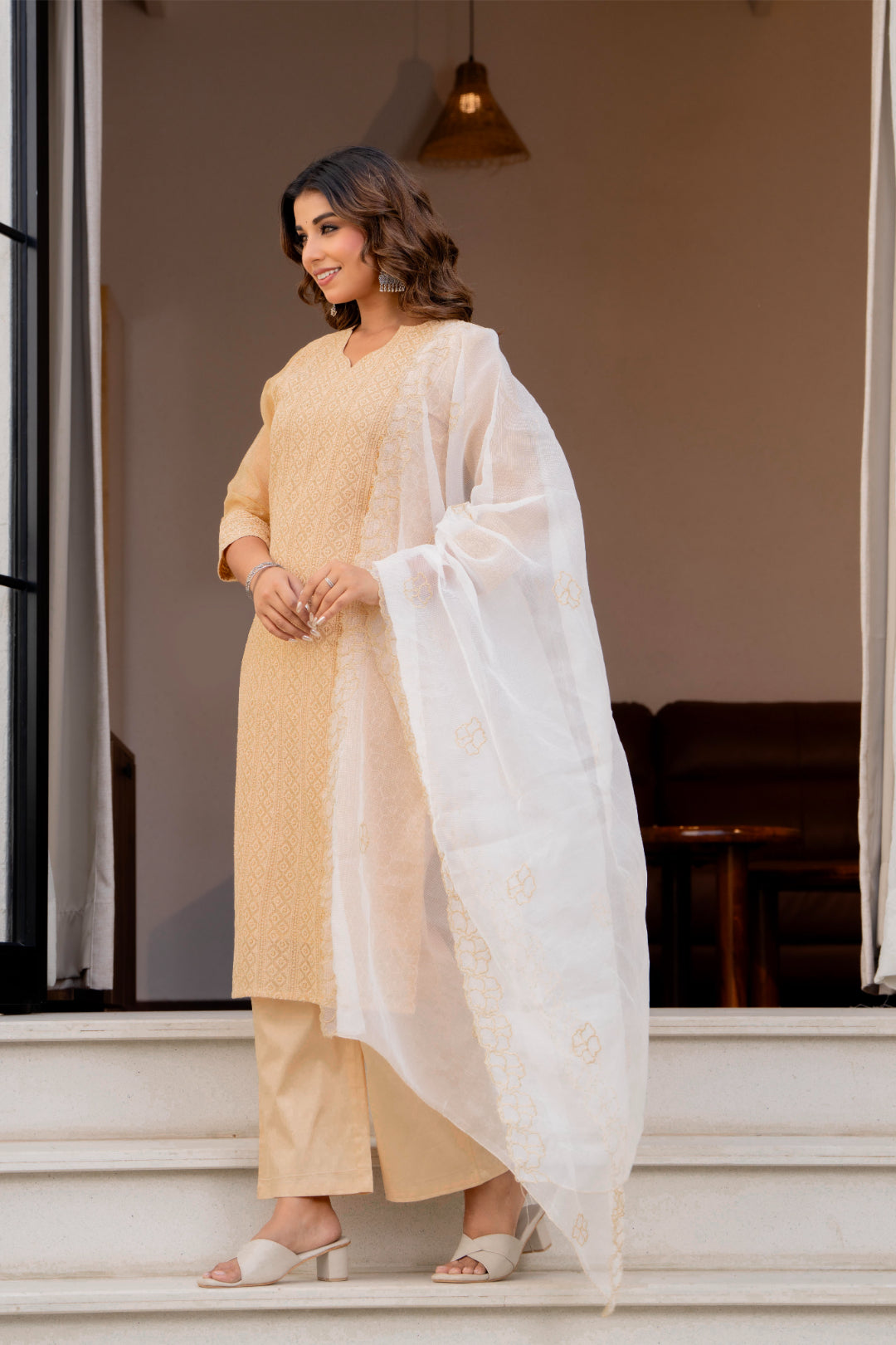 Special Edition: Premium Fancy Razzo Lucknowi Chikankari Kurti with Cotton Silk Pant & Embroidered Dupatta