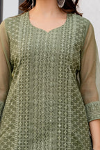 Zarizaara Special Edition:Premium Fancy Razzo Lucknowi Chikankari Kurti with Cotton Silk Pant & Embroidered Dupatta