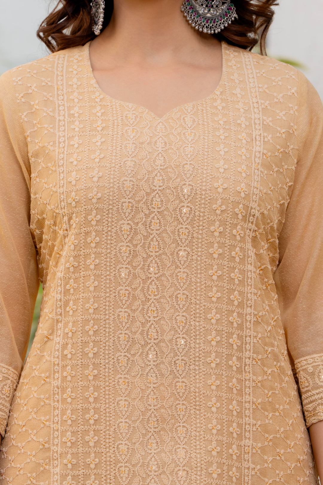 Zarizaara Special Edition:Premium Fancy Razzo Lucknowi Chikankari Kurti with Cotton Silk Pant & Embroidered Dupatta