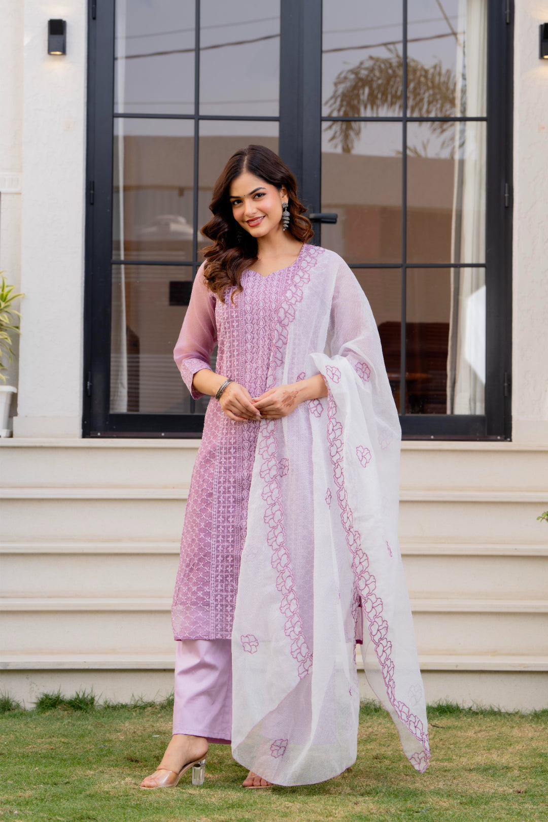 Zarizaara Special Edition:Premium Fancy Razzo Lucknowi Chikankari Kurti with Cotton Silk Pant & Embroidered Dupatta