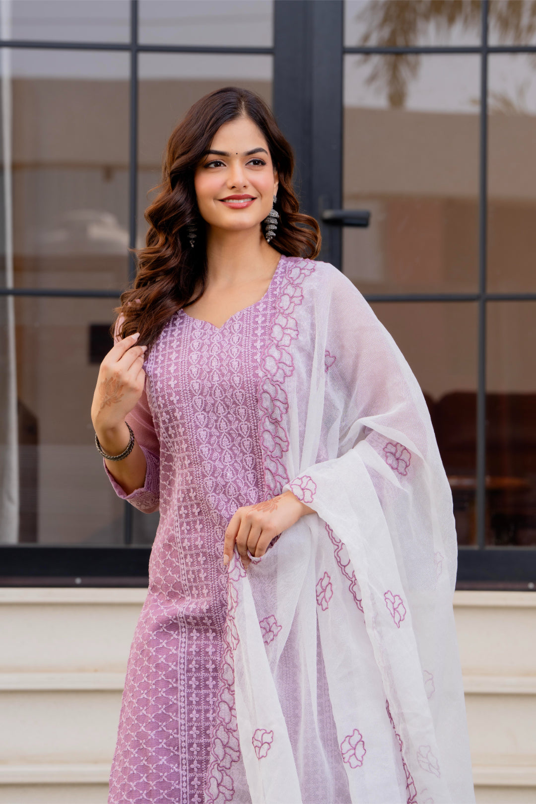 Zarizaara Special Edition:Premium Fancy Razzo Lucknowi Chikankari Kurti with Cotton Silk Pant & Embroidered Dupatta