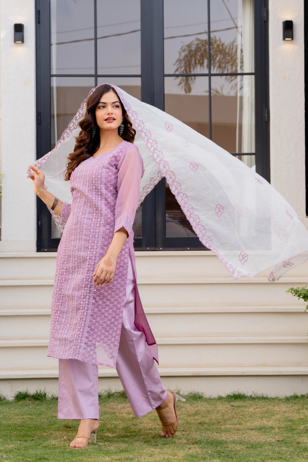 Zarizaara Special Edition:Premium Fancy Razzo Lucknowi Chikankari Kurti with Cotton Silk Pant & Embroidered Dupatta