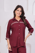 Premium Rayon Shirt-Style Co-ord with Intricate Embroidery