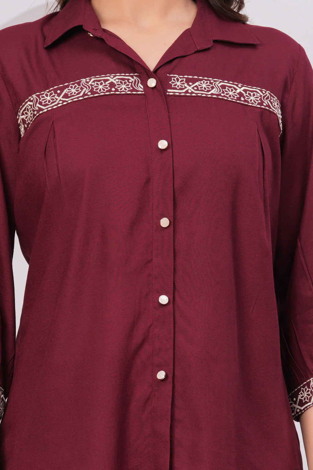 Premium Rayon Shirt-Style Co-ord with Intricate Embroidery