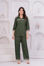 Premium Rayon Shirt-Style Co-ord with Intricate Embroidery