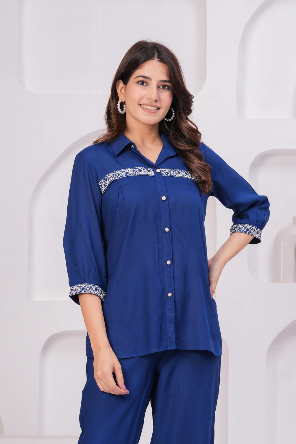 Premium Rayon Shirt-Style Co-ord with Intricate Embroidery