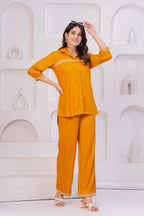 Premium Rayon Shirt-Style Co-ord with Intricate Embroidery