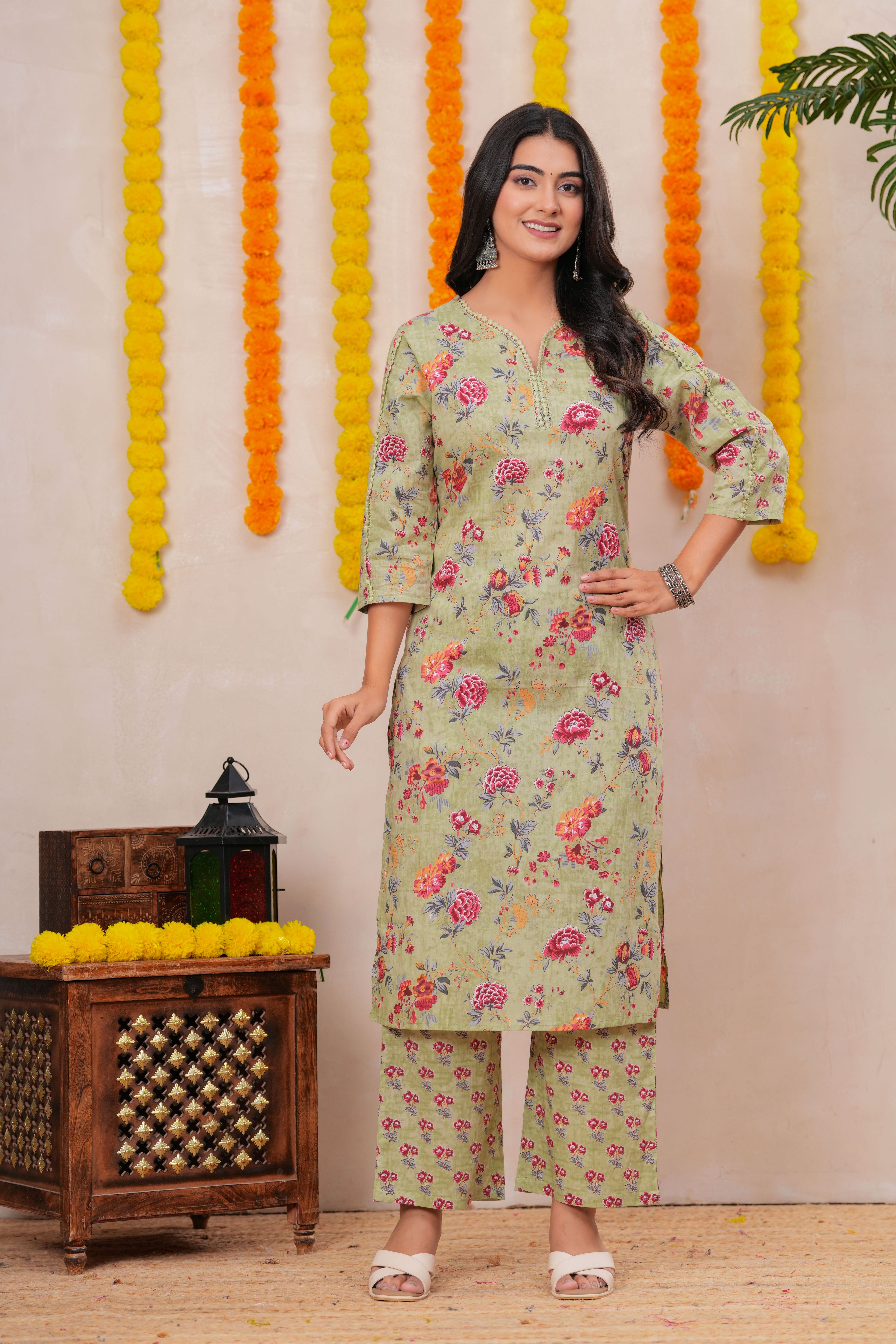 Graceful Floral Printed Pure Cotton 3-Piece Suit Set