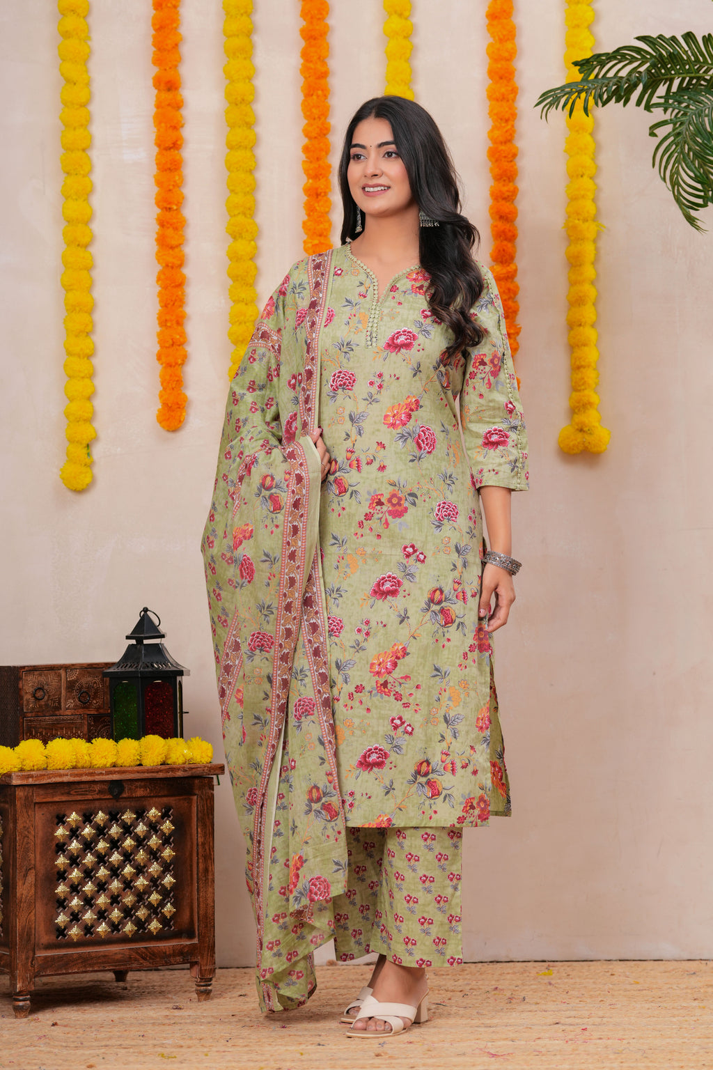 Graceful Floral Printed Pure Cotton 3-Piece Suit Set