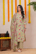 Graceful Floral Printed Pure Cotton 3-Piece Suit Set
