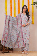 Graceful Floral Printed Pure Cotton 3-Piece Suit Set
