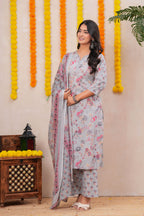 Graceful Floral Printed Pure Cotton 3-Piece Suit Set
