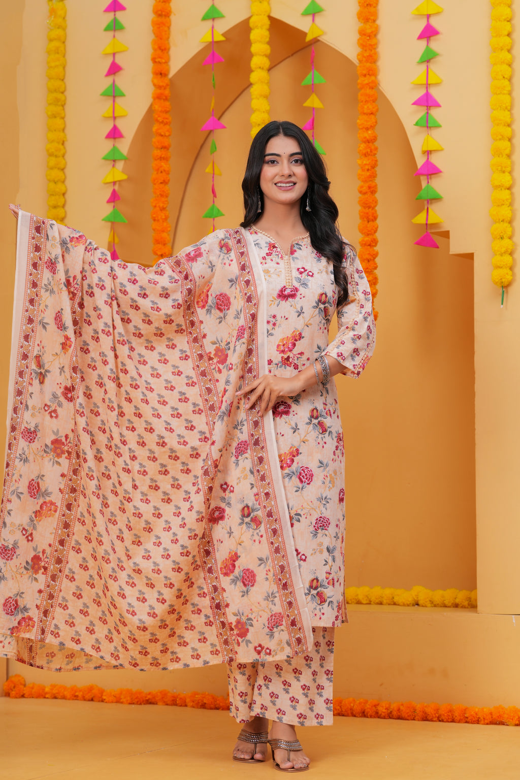 Graceful Floral Printed Pure Cotton 3-Piece Suit Set