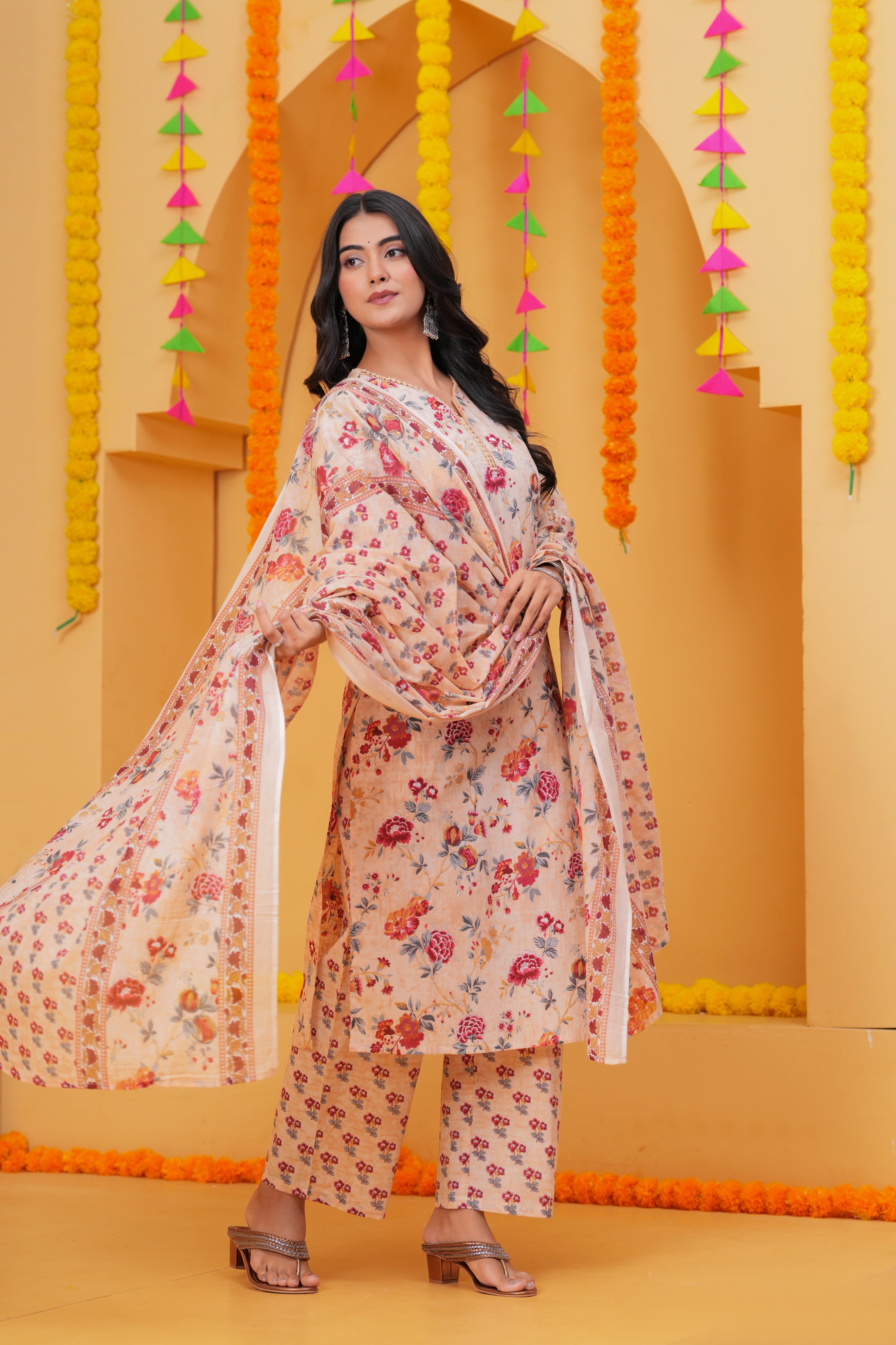 Graceful Floral Printed Pure Cotton 3-Piece Suit Set