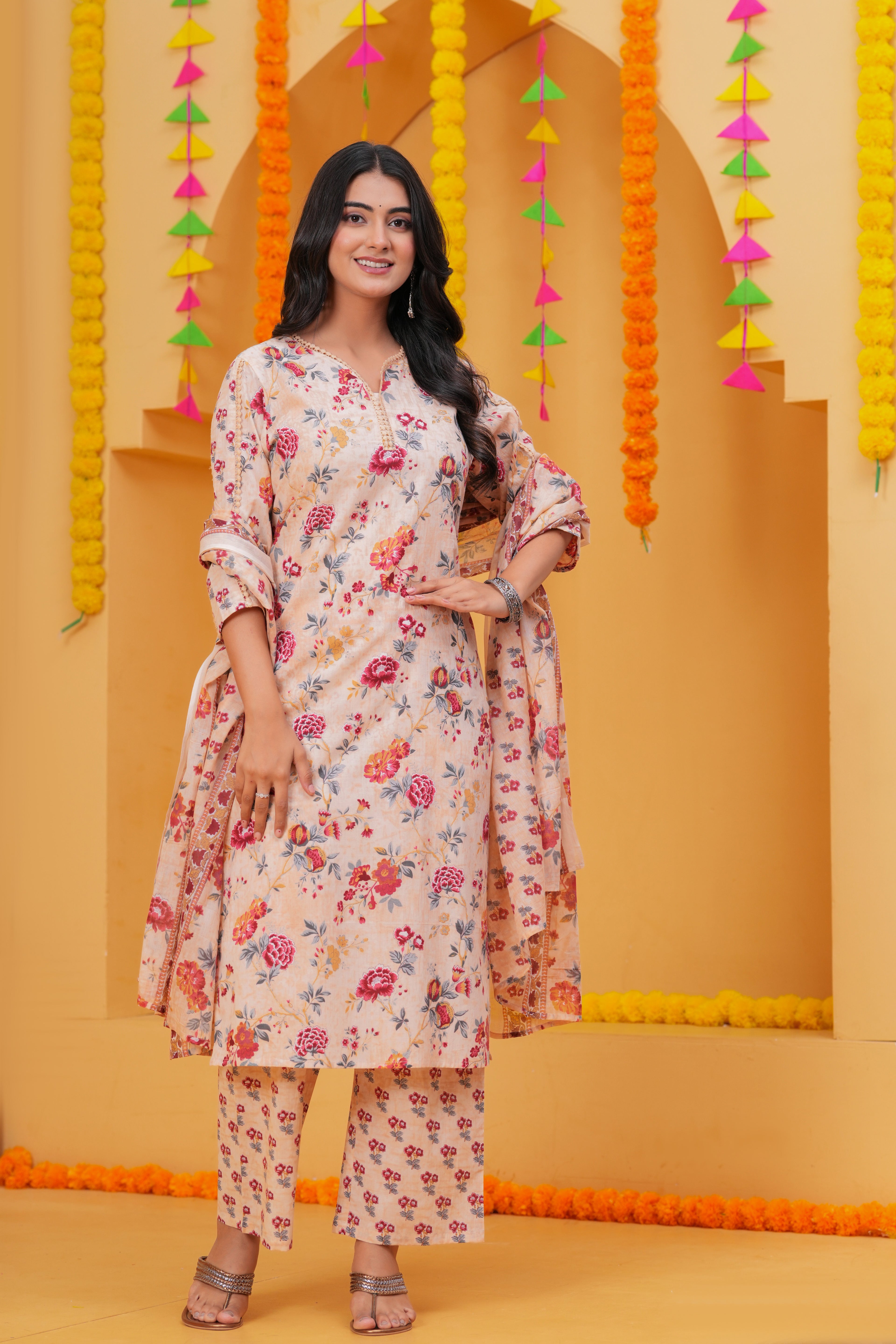 Graceful Floral Printed Pure Cotton 3-Piece Suit Set