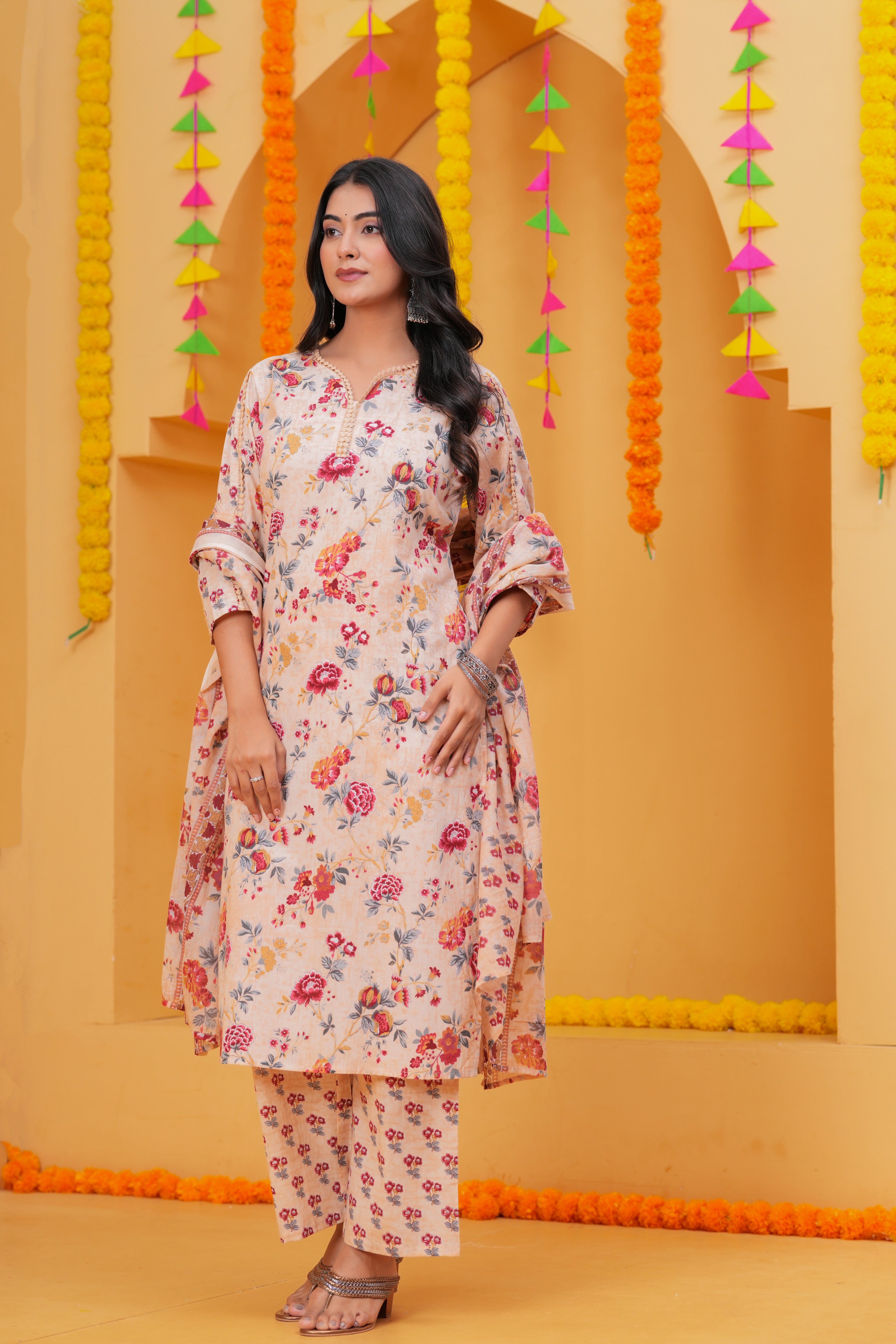 Graceful Floral Printed Pure Cotton 3-Piece Suit Set