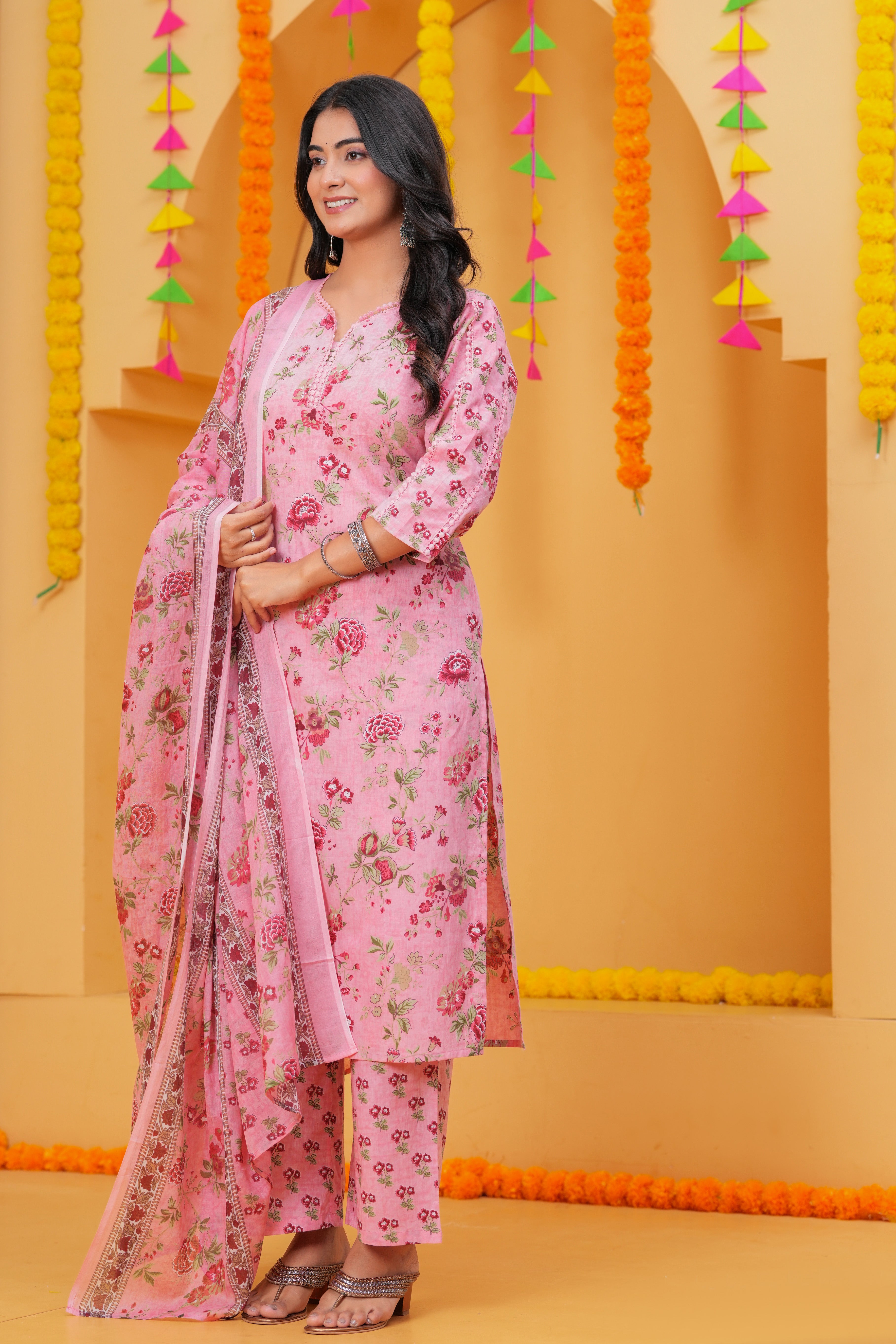 Graceful Floral Printed Pure Cotton 3-Piece Suit Set