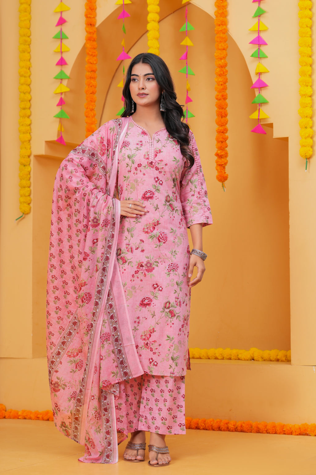 Graceful Floral Printed Pure Cotton 3-Piece Suit Set