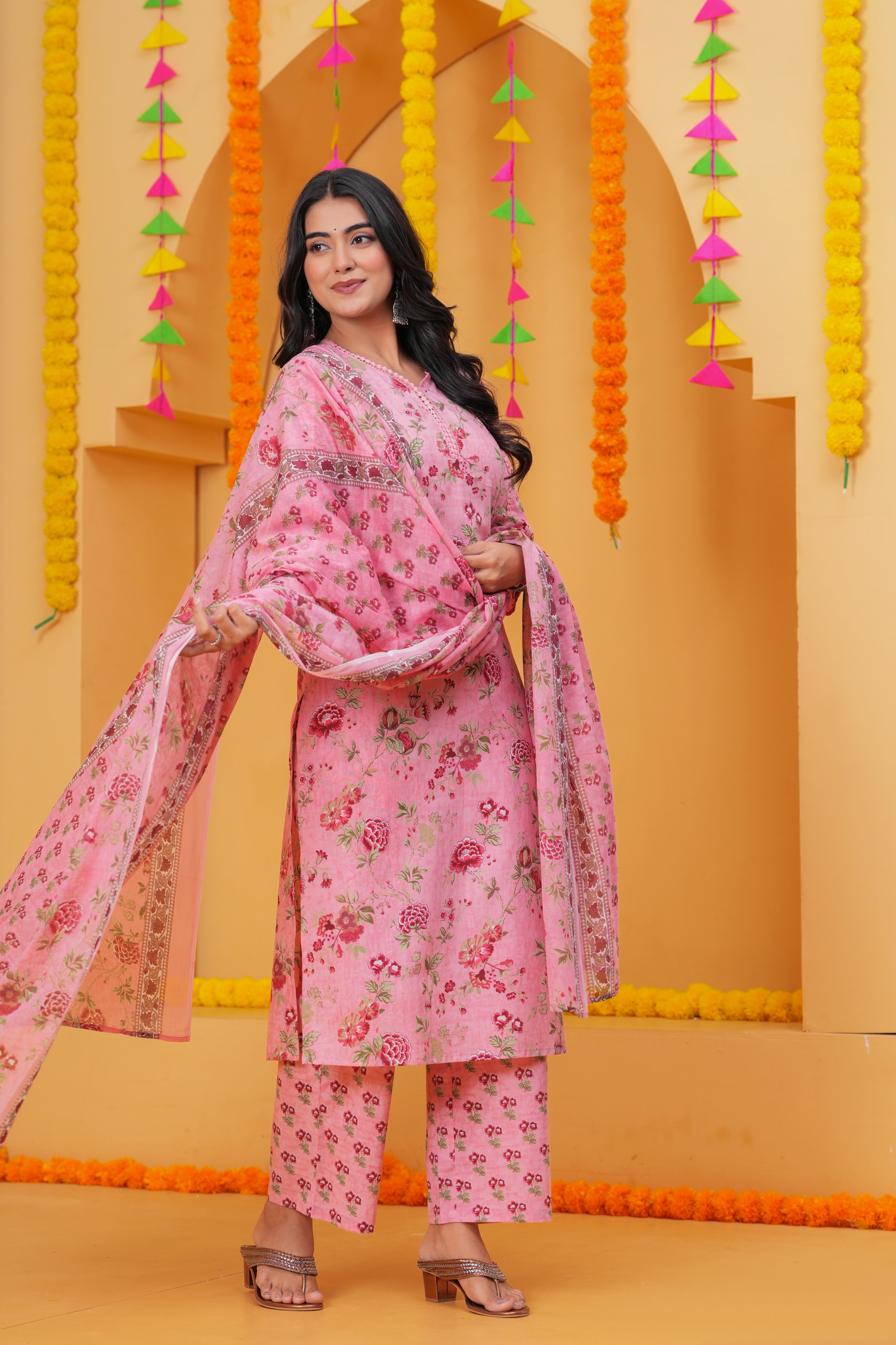 Graceful Floral Printed Pure Cotton 3-Piece Suit Set