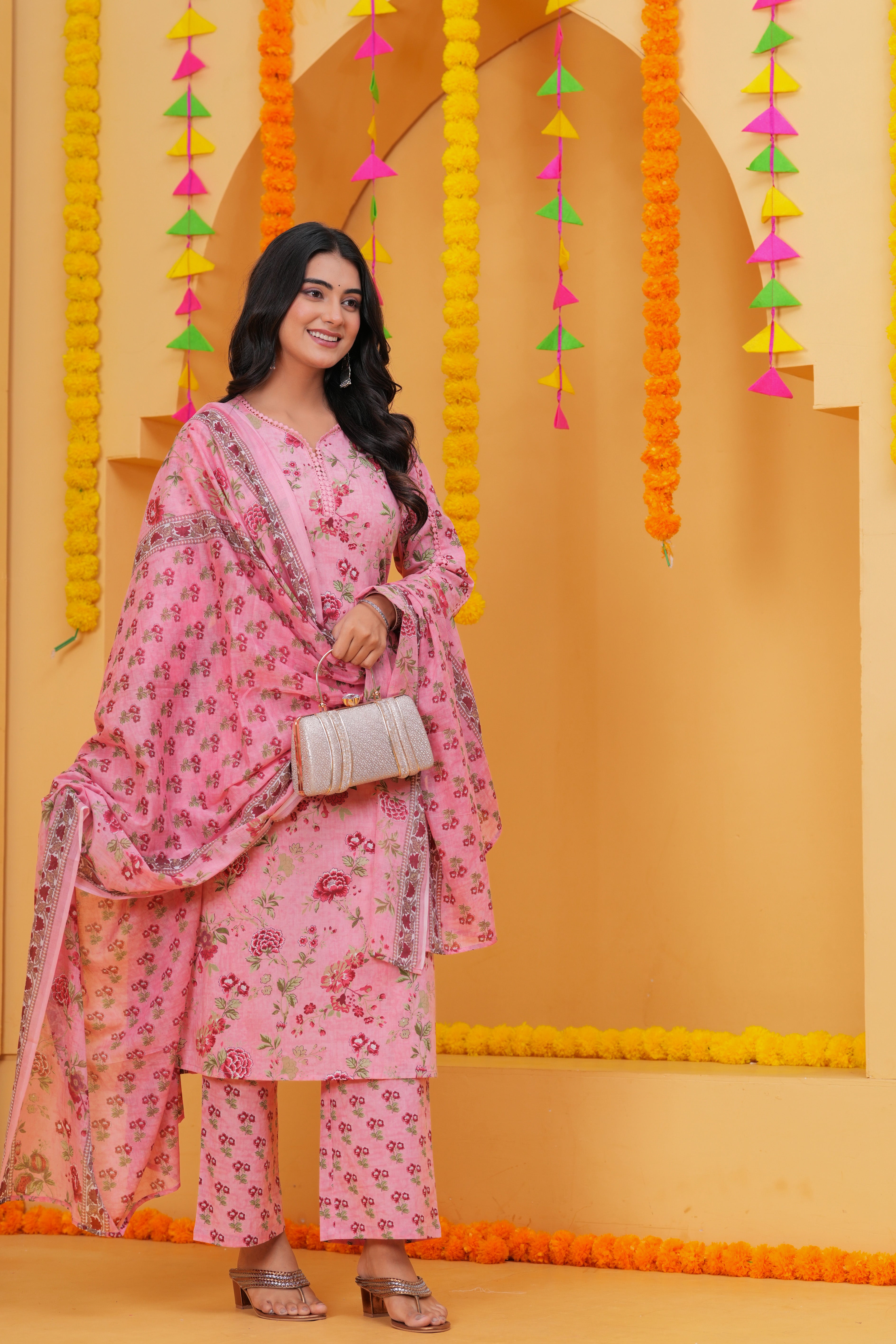 Graceful Floral Printed Pure Cotton 3-Piece Suit Set