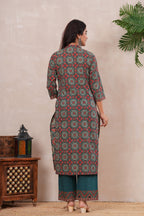 Ajrakh Printed Pure Cotton Three-Piece Kurta Set with Pintex