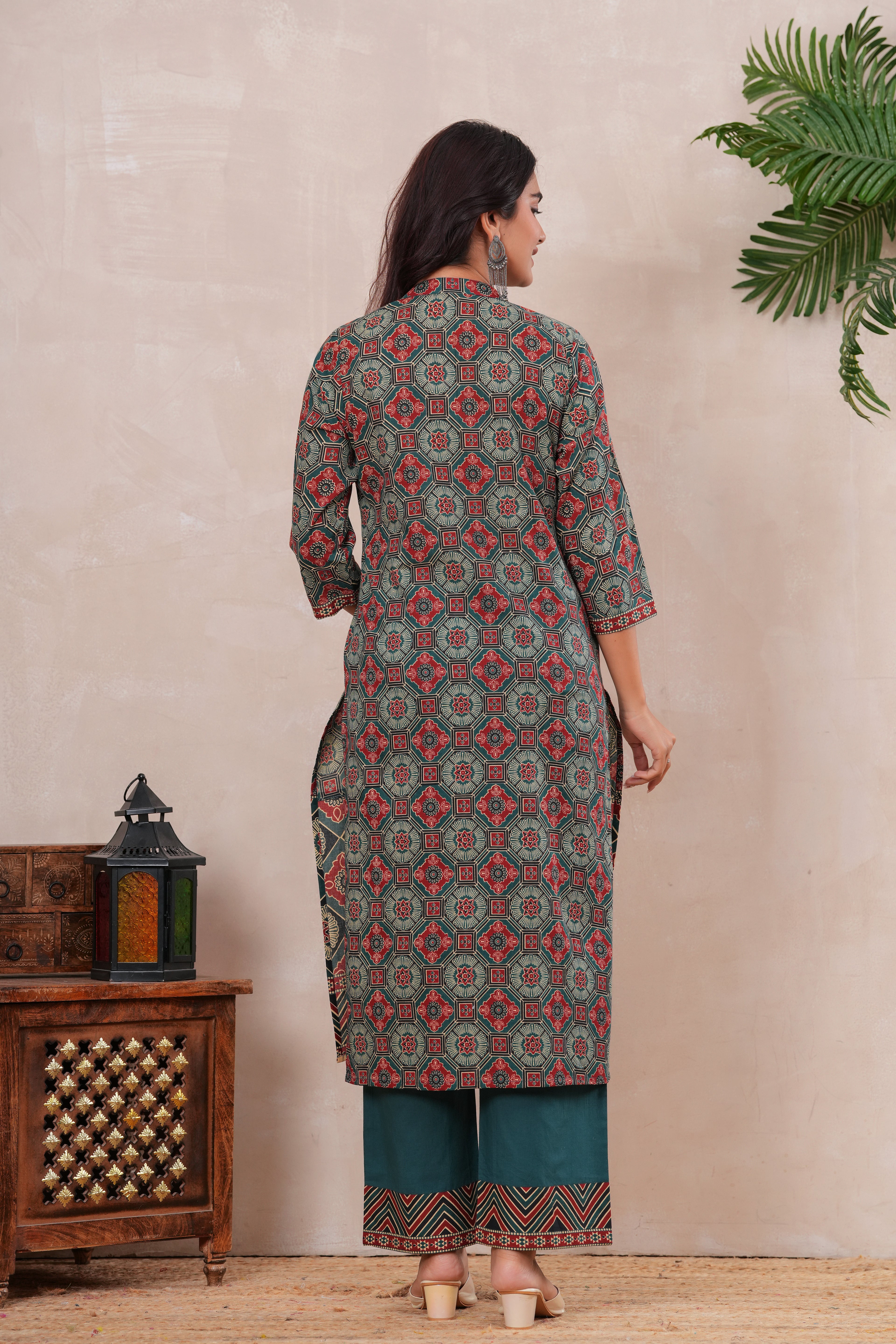 Ajrakh Printed Pure Cotton Three-Piece Kurta Set with Pintex