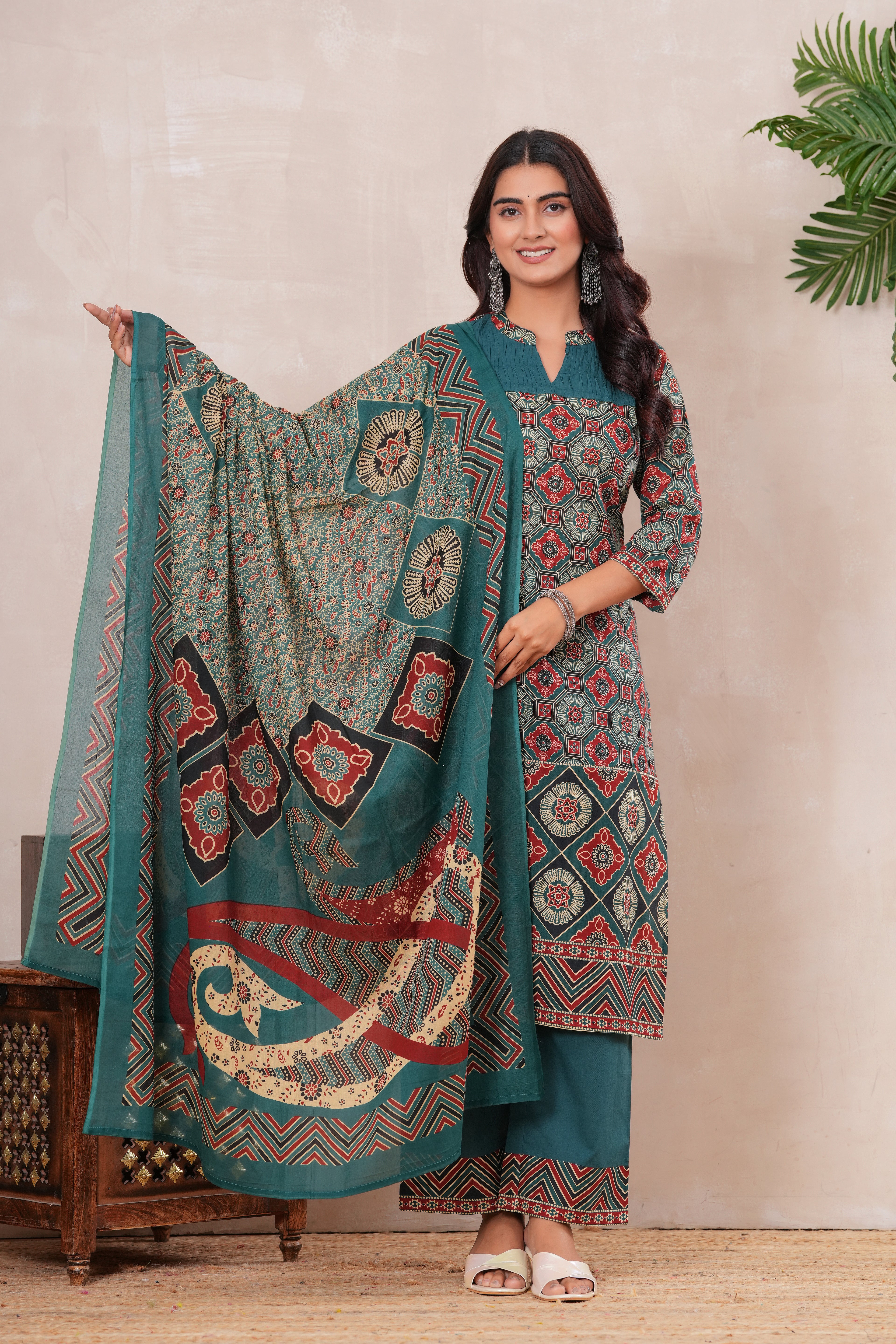 Ajrakh Printed Pure Cotton Three-Piece Kurta Set with Pintex