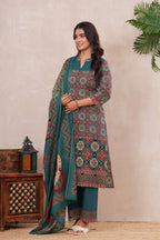 Ajrakh Printed Pure Cotton Three-Piece Kurta Set with Pintex
