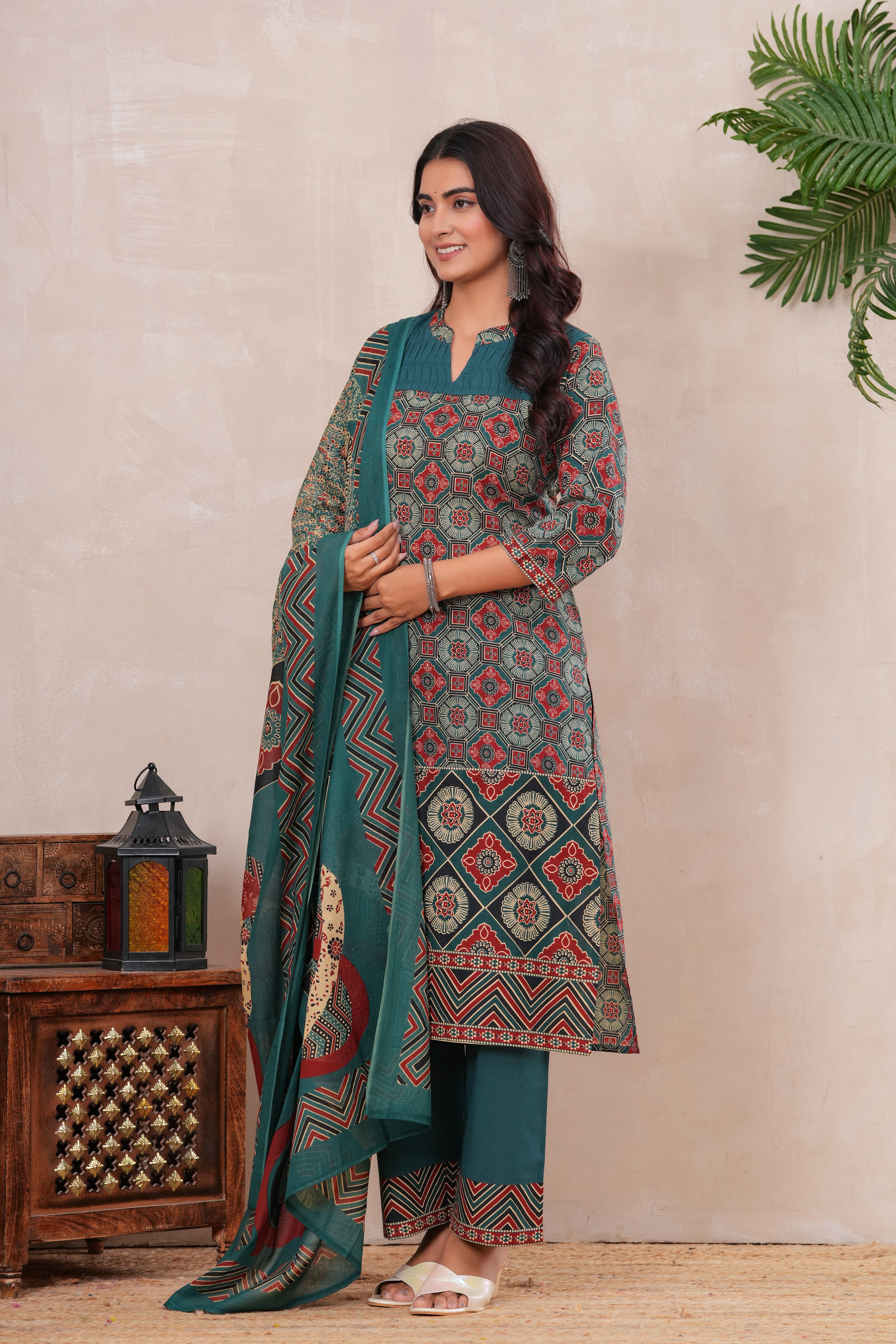 Ajrakh Printed Pure Cotton Three-Piece Kurta Set with Pintex