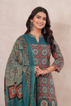Ajrakh Printed Pure Cotton Three-Piece Kurta Set with Pintex