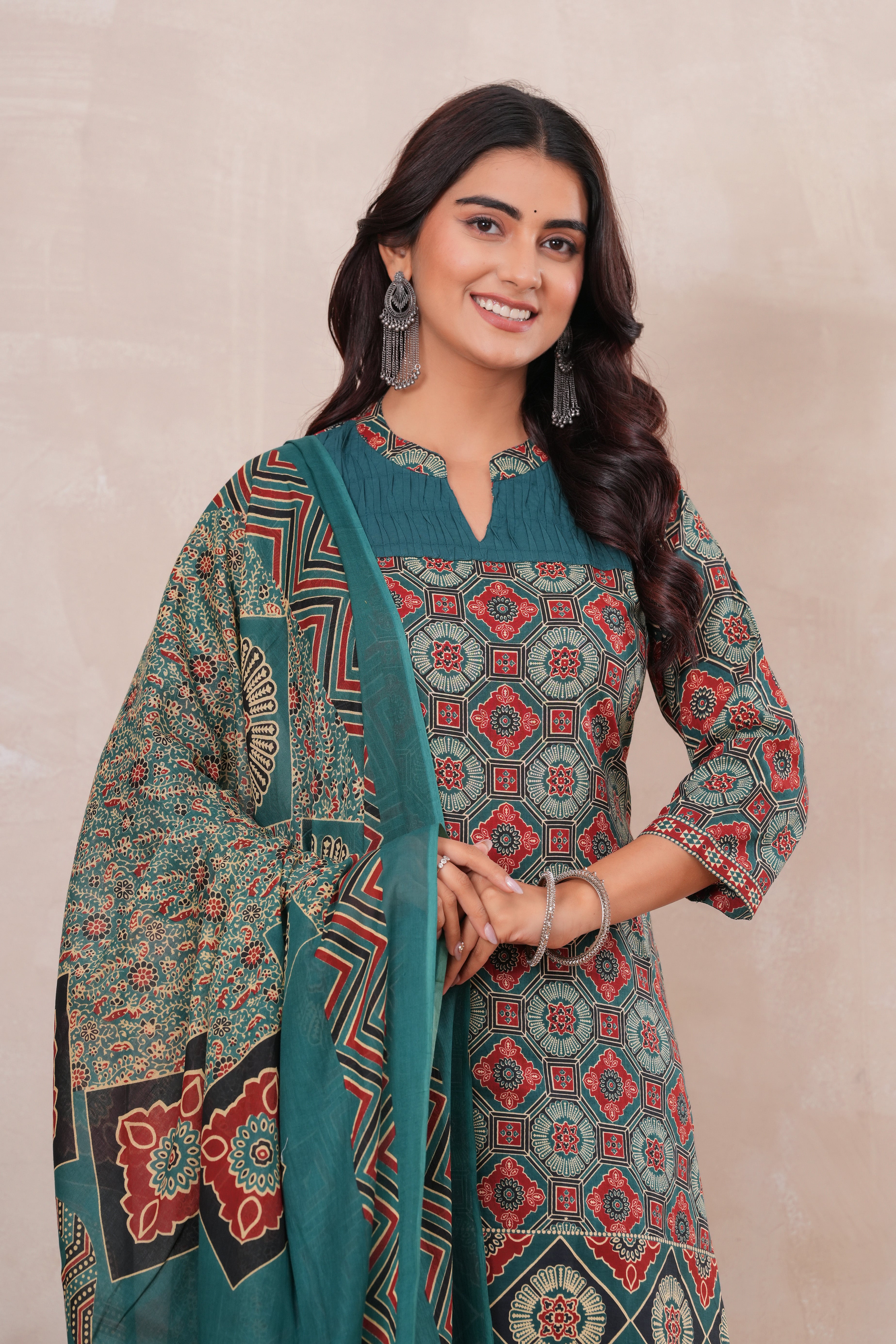 Ajrakh Printed Pure Cotton Three-Piece Kurta Set with Pintex