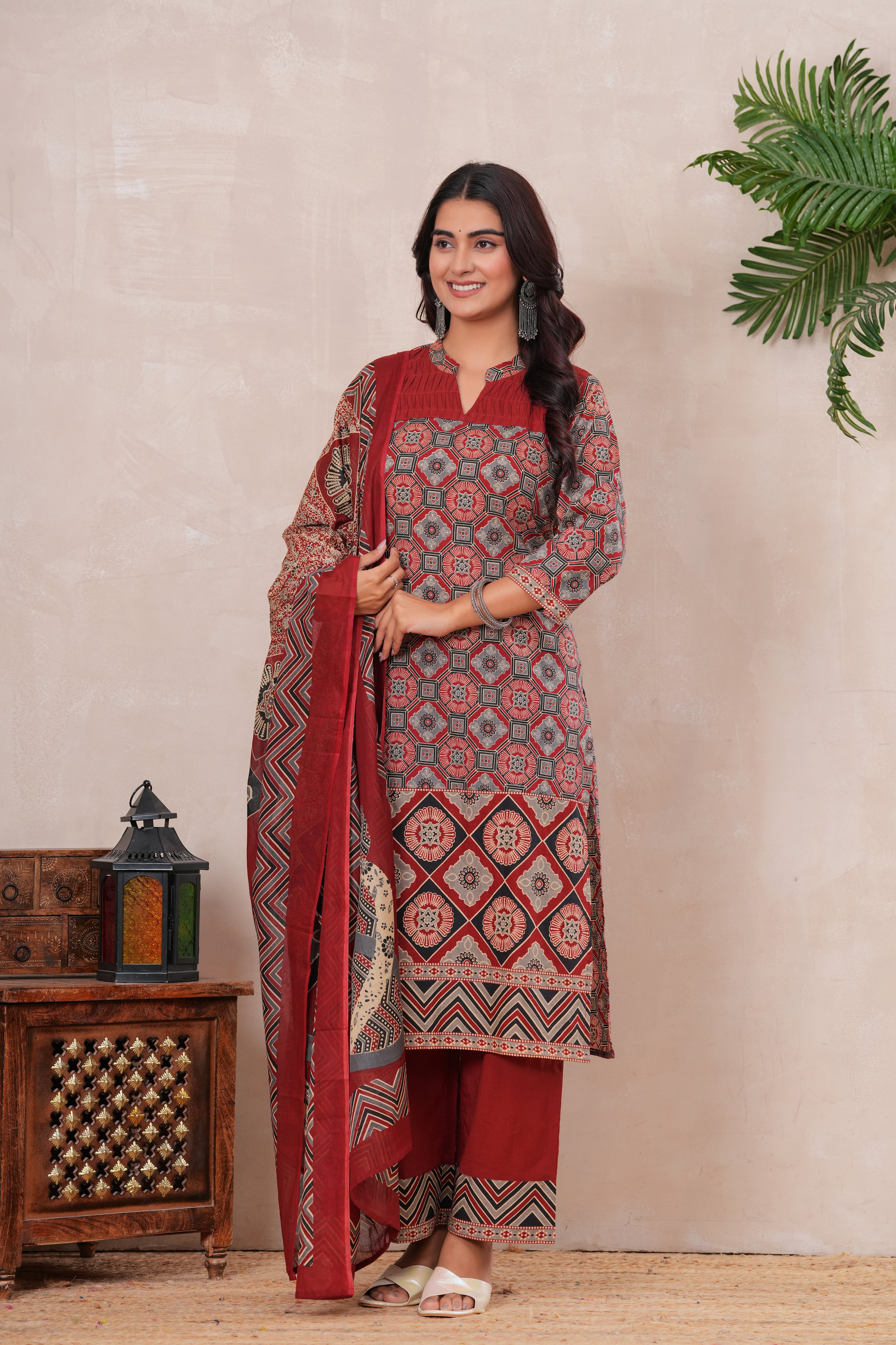 Ajrakh Printed Pure Cotton Three-Piece Kurta Set with Pintex