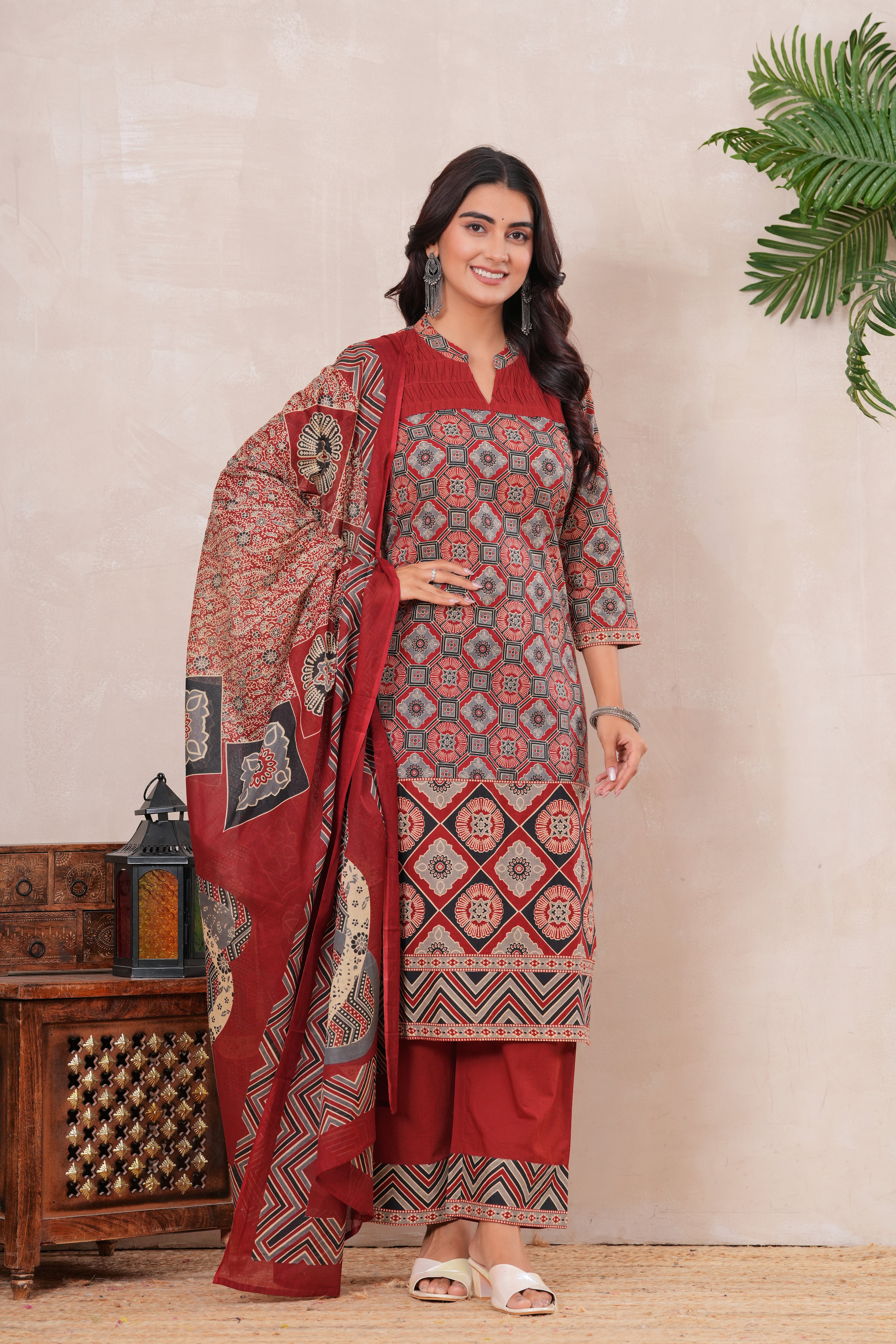 Ajrakh Printed Pure Cotton Three-Piece Kurta Set with Pintex