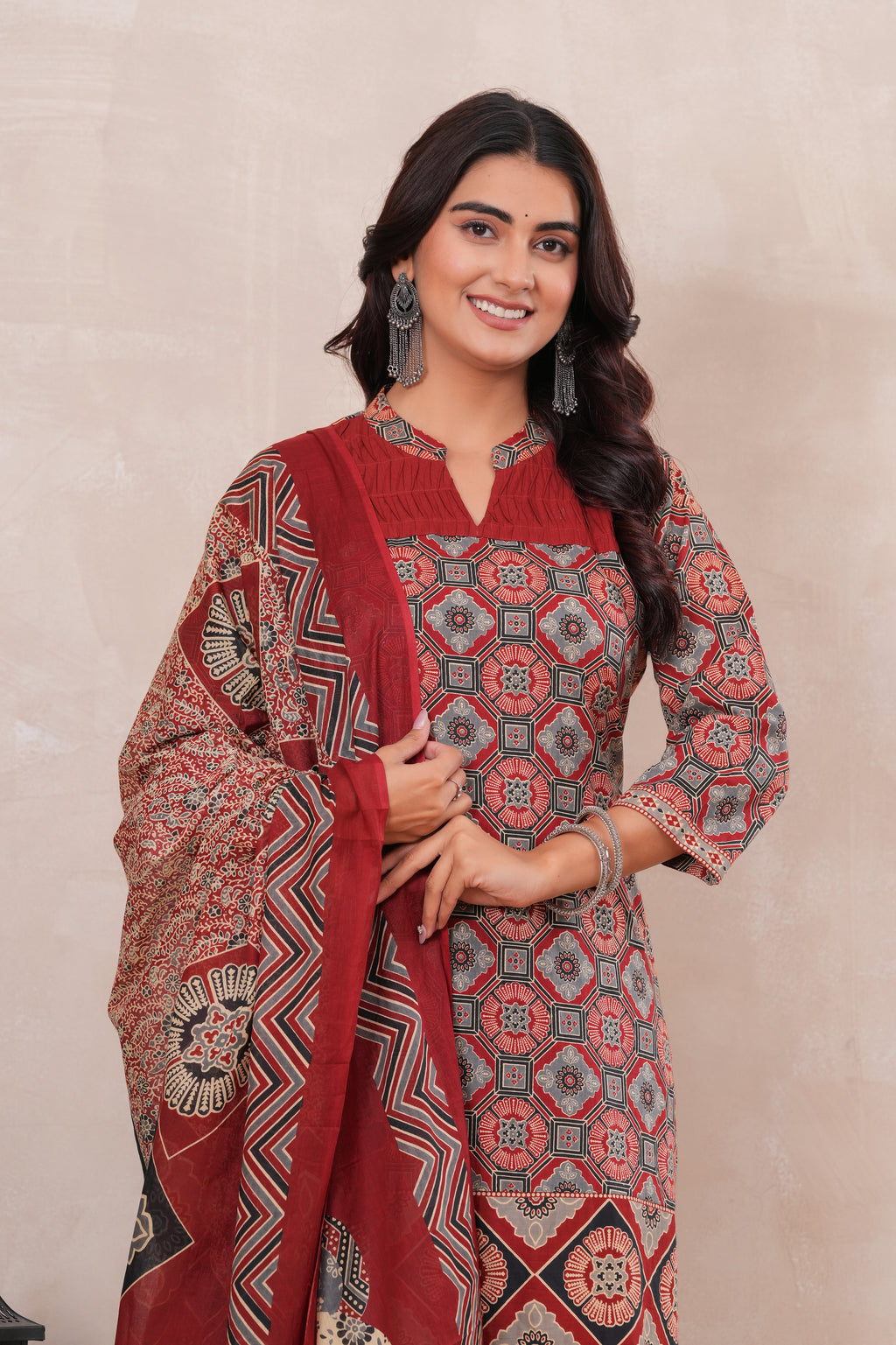 Ajrakh Printed Pure Cotton Three-Piece Kurta Set with Pintex