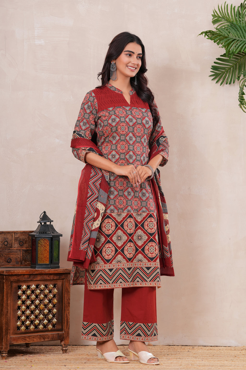 Ajrakh Printed Pure Cotton Three-Piece Kurta Set with Pintex