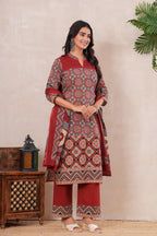 Ajrakh Printed Pure Cotton Three-Piece Kurta Set with Pintex
