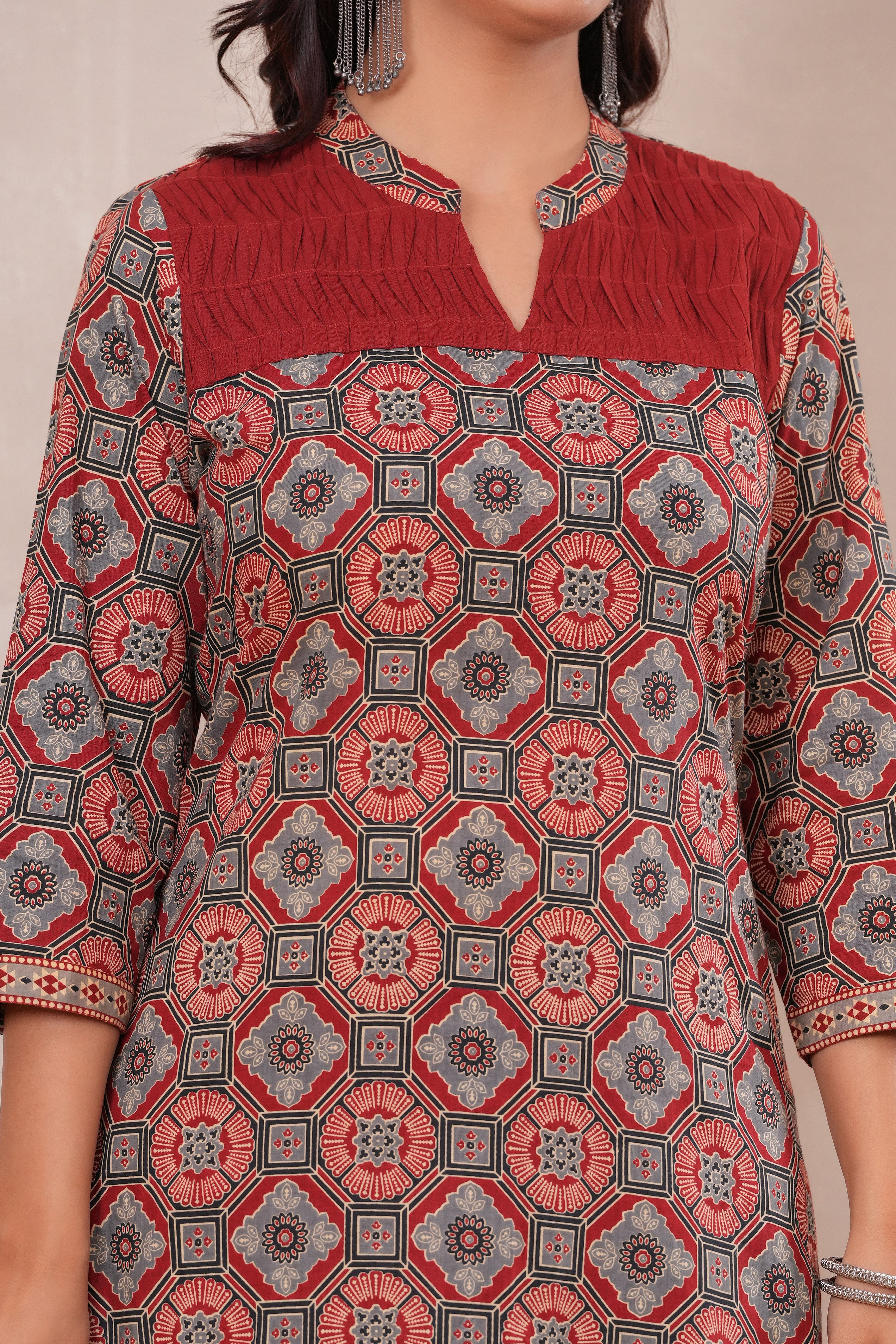 Ajrakh Printed Pure Cotton Three-Piece Kurta Set with Pintex