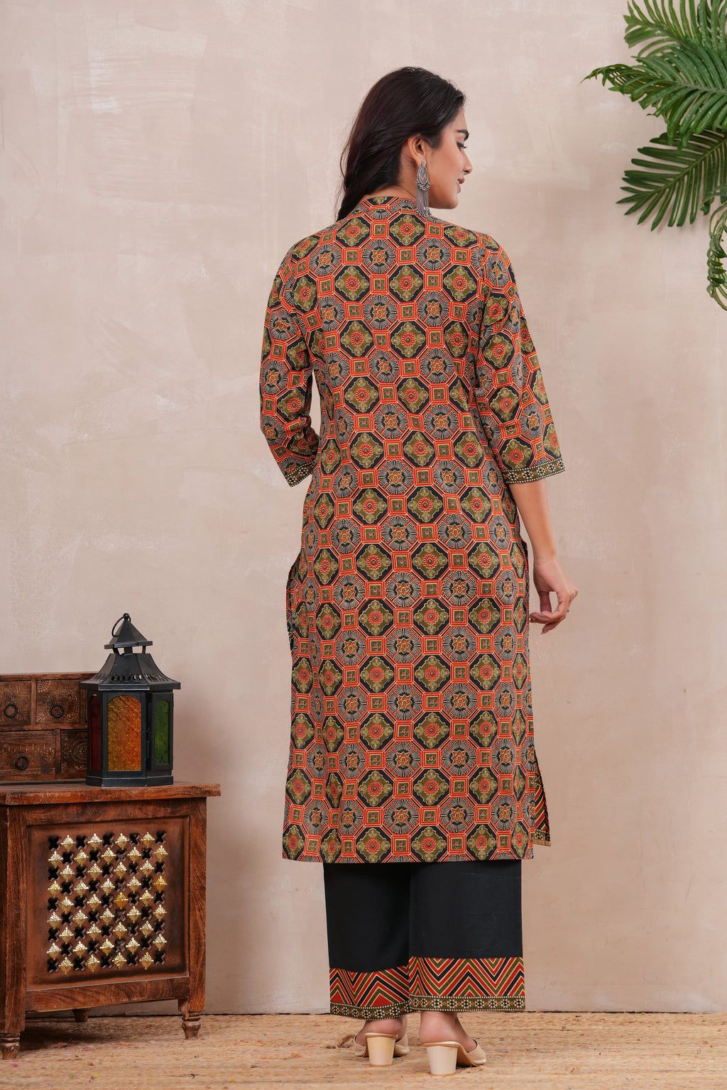 Ajrakh Printed Pure Cotton Three-Piece Kurta Set with Pintex