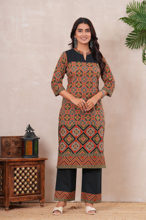 Ajrakh Printed Pure Cotton Three-Piece Kurta Set with Pintex