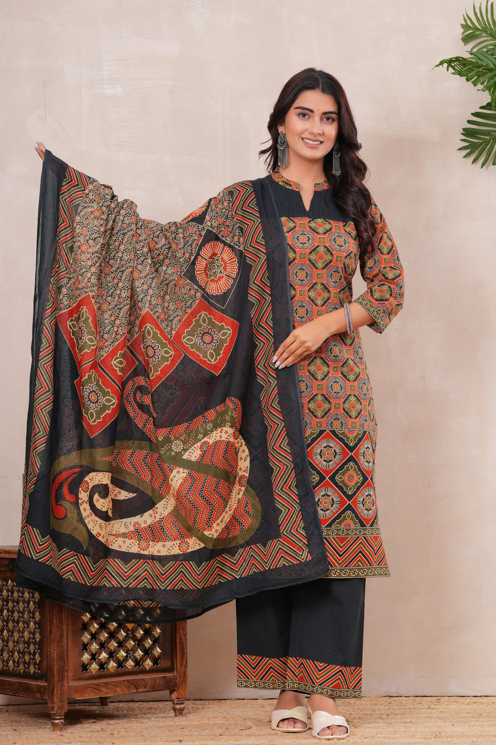 Ajrakh Printed Pure Cotton Three-Piece Kurta Set with Pintex