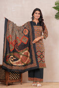 Ajrakh Printed Pure Cotton Three-Piece Kurta Set with Pintex