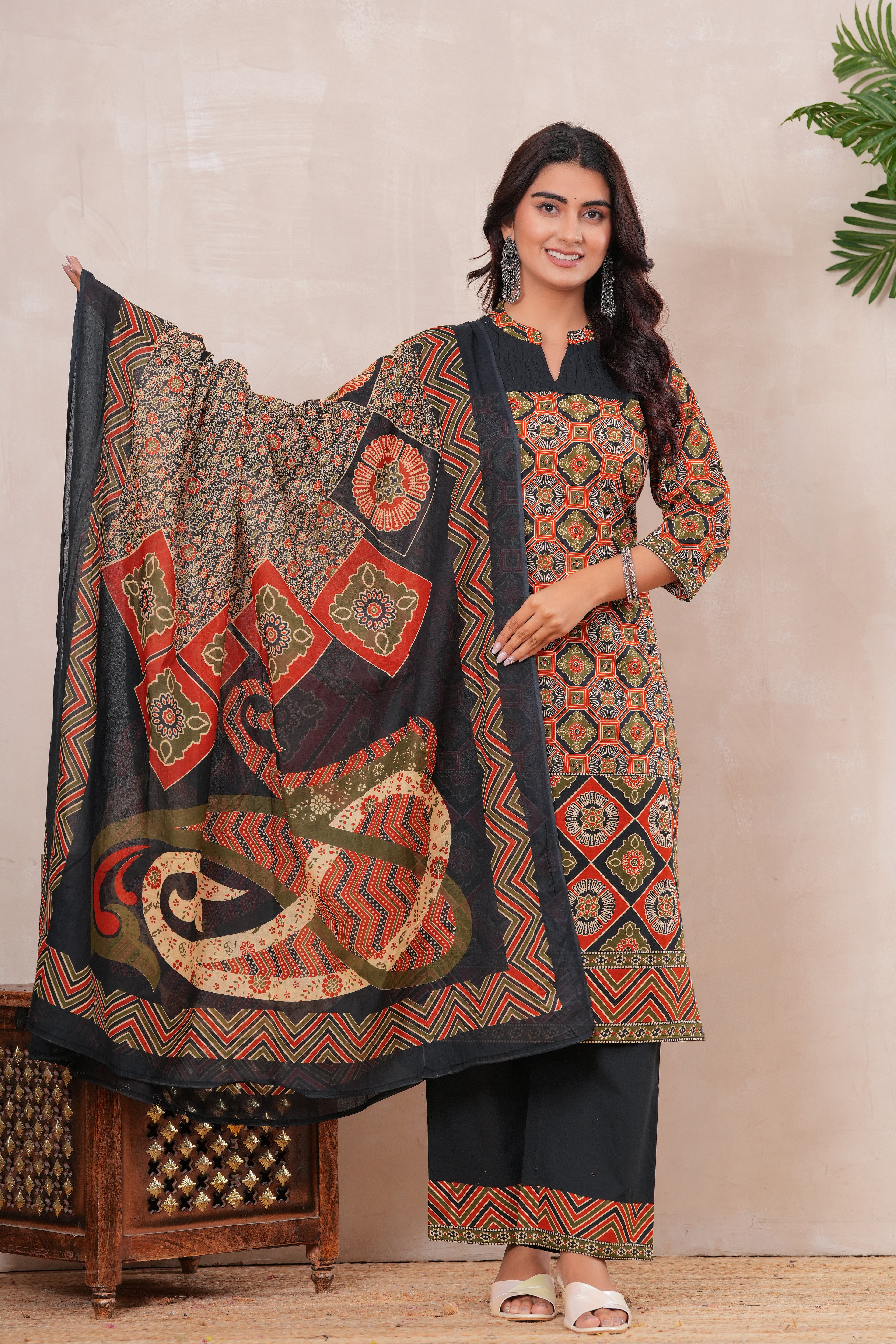 Ajrakh Printed Pure Cotton Three-Piece Kurta Set with Pintex