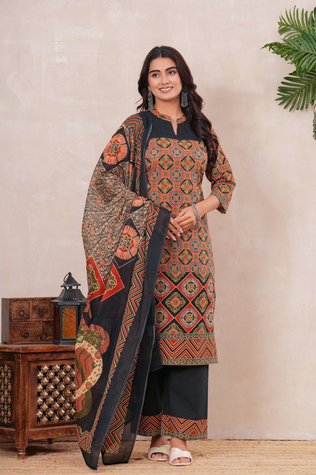 Ajrakh Printed Pure Cotton Three-Piece Kurta Set with Pintex