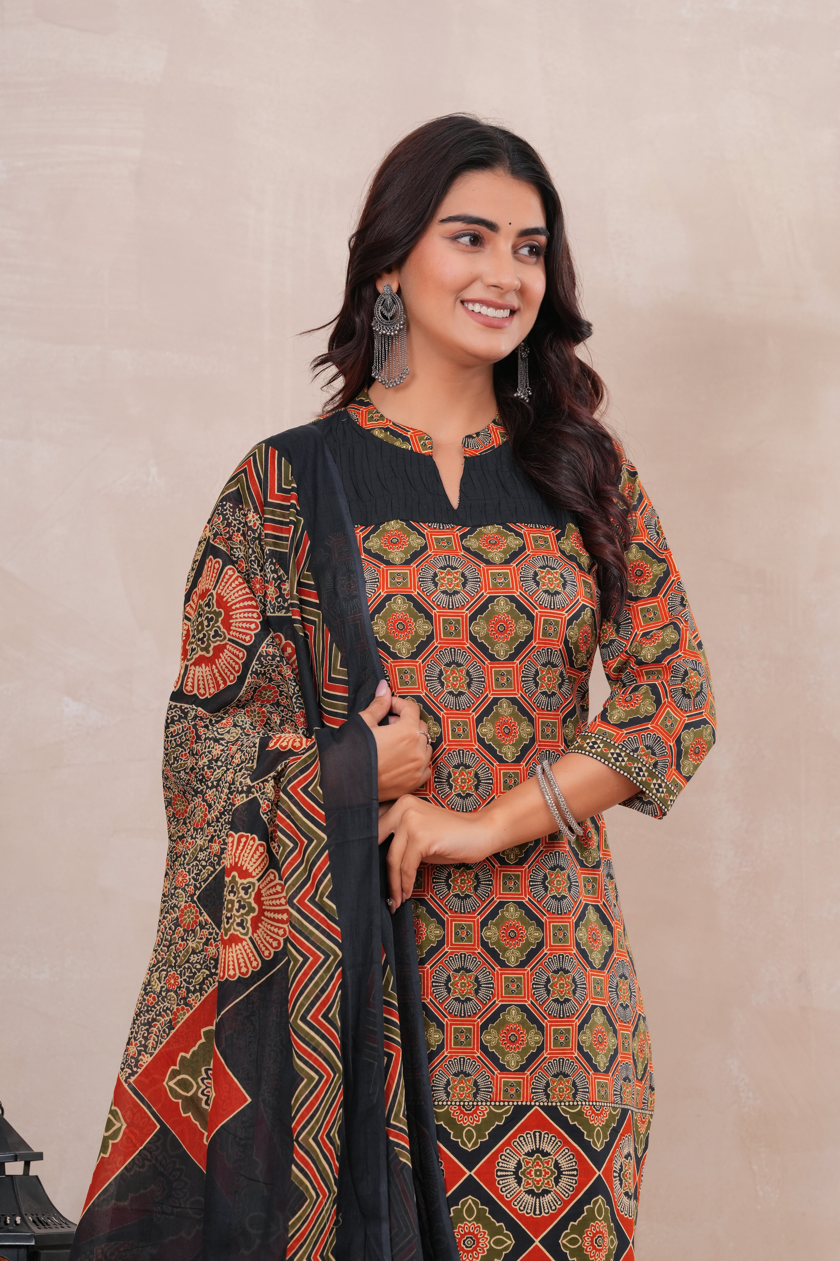 Ajrakh Printed Pure Cotton Three-Piece Kurta Set with Pintex
