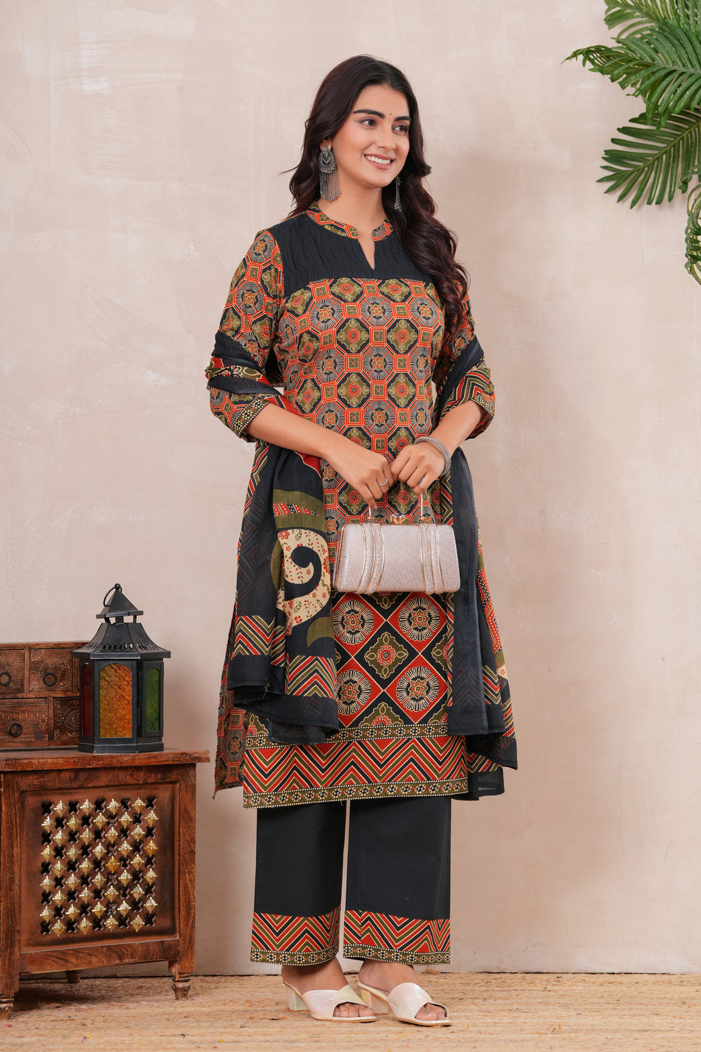 Ajrakh Printed Pure Cotton Three-Piece Kurta Set with Pintex