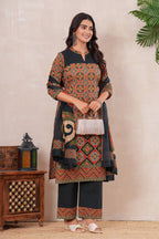 Ajrakh Printed Pure Cotton Three-Piece Kurta Set with Pintex