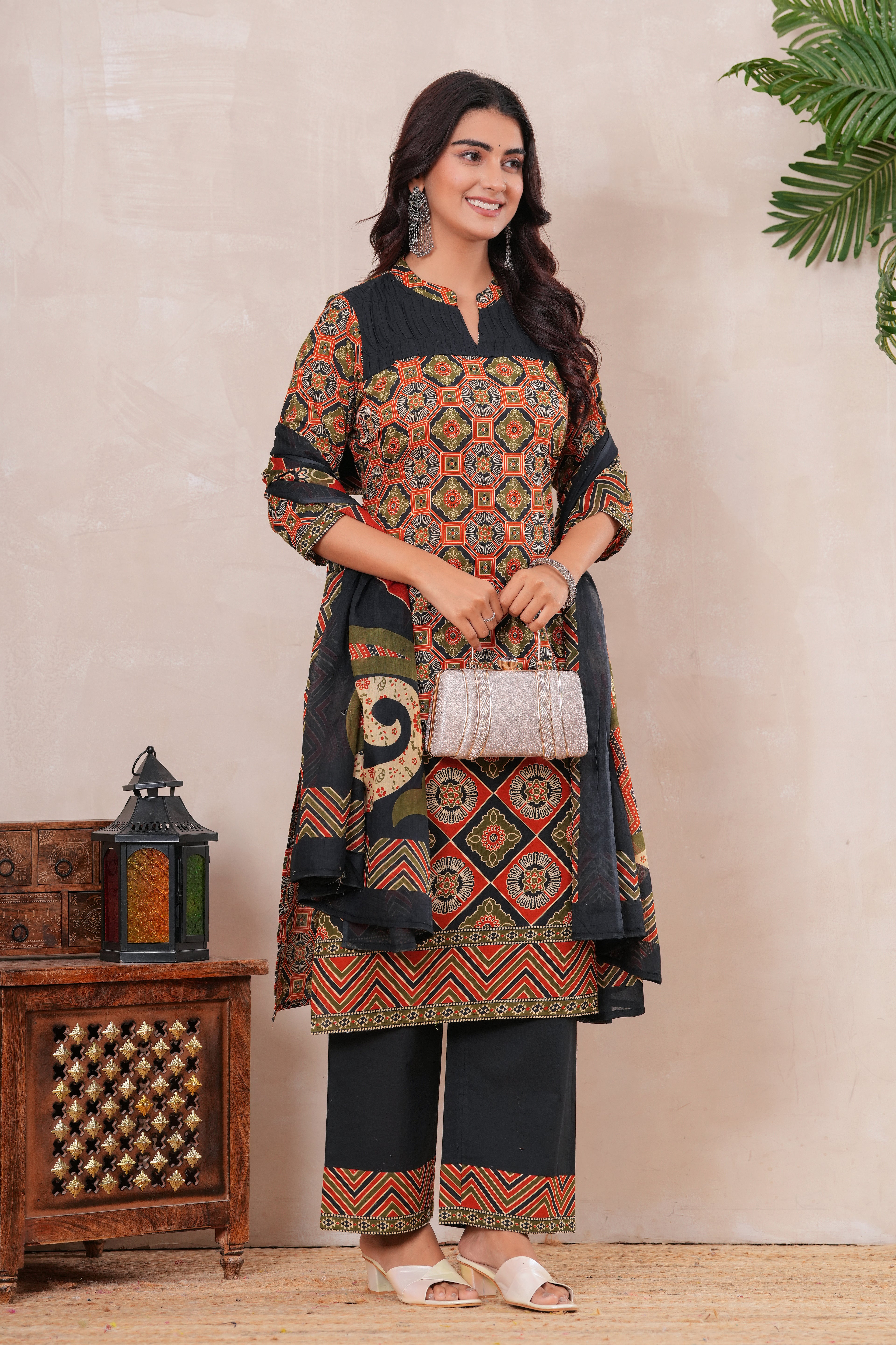 Ajrakh Printed Pure Cotton Three-Piece Kurta Set with Pintex
