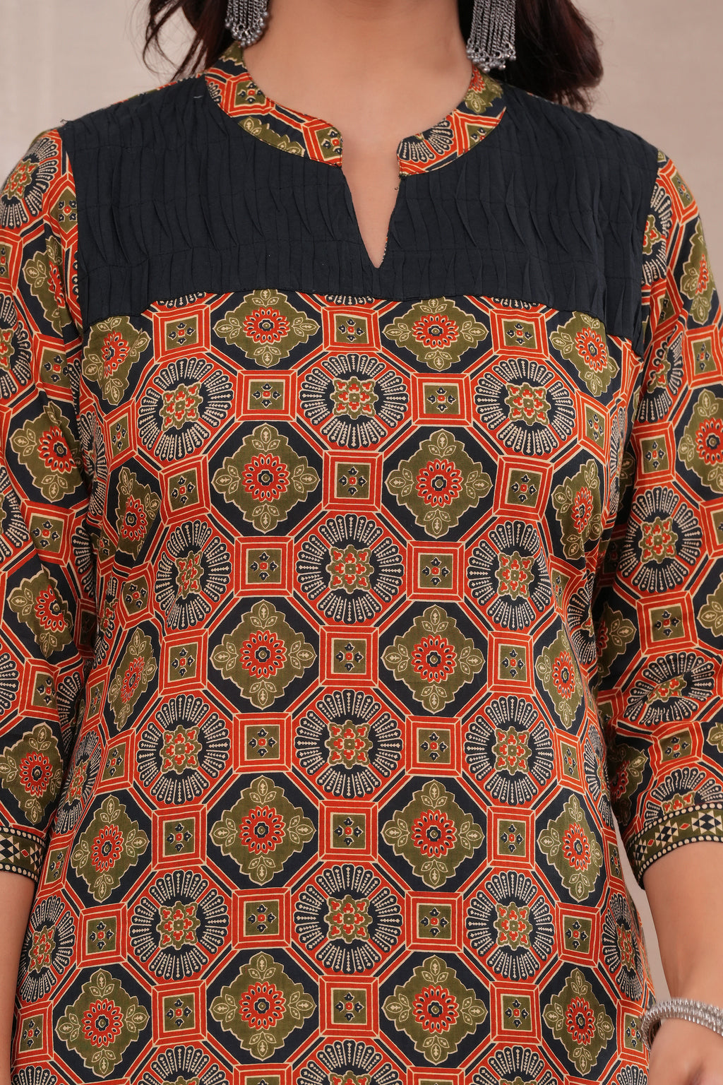 Ajrakh Printed Pure Cotton Three-Piece Kurta Set with Pintex