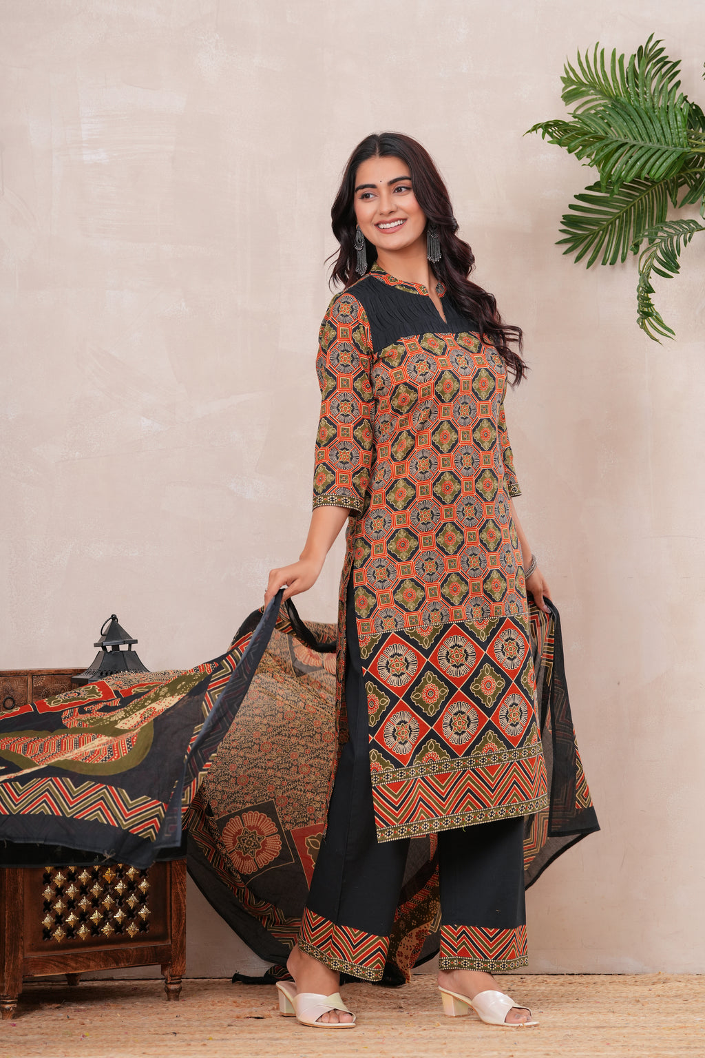 Ajrakh Printed Pure Cotton Three-Piece Kurta Set with Pintex