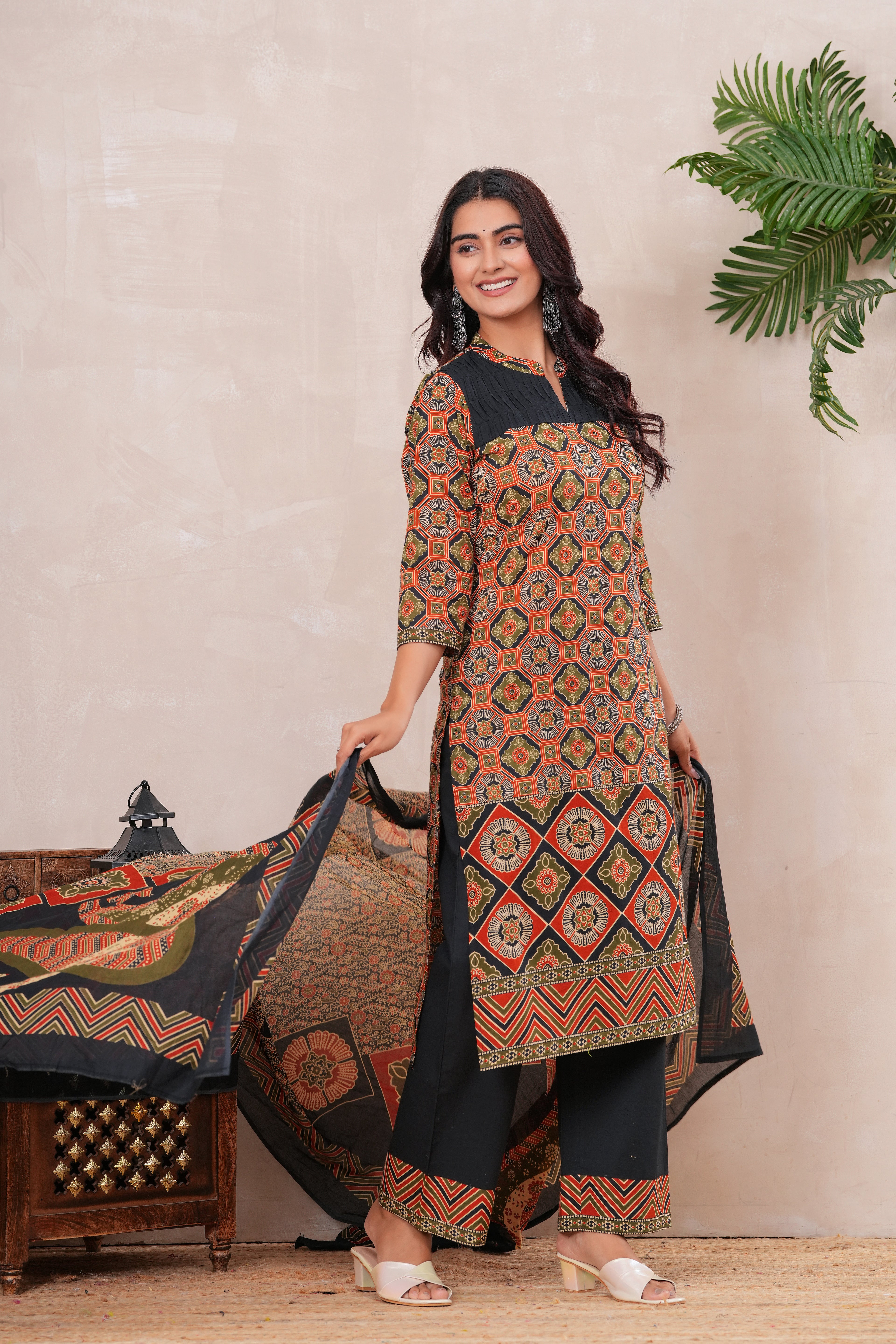 Ajrakh Printed Pure Cotton Three-Piece Kurta Set with Pintex